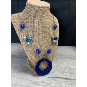 Womens Blue Statement Necklace Silver Tone Beaded Resin Circle Pendant 24 Inch